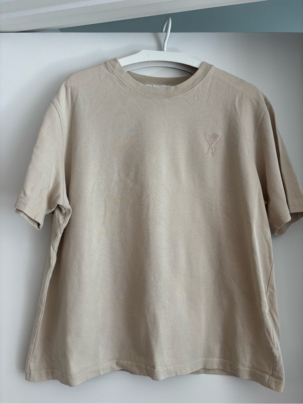 Men's Beige Short-Sleeve Crewneck T-Shirt with Subtle Heart Logo